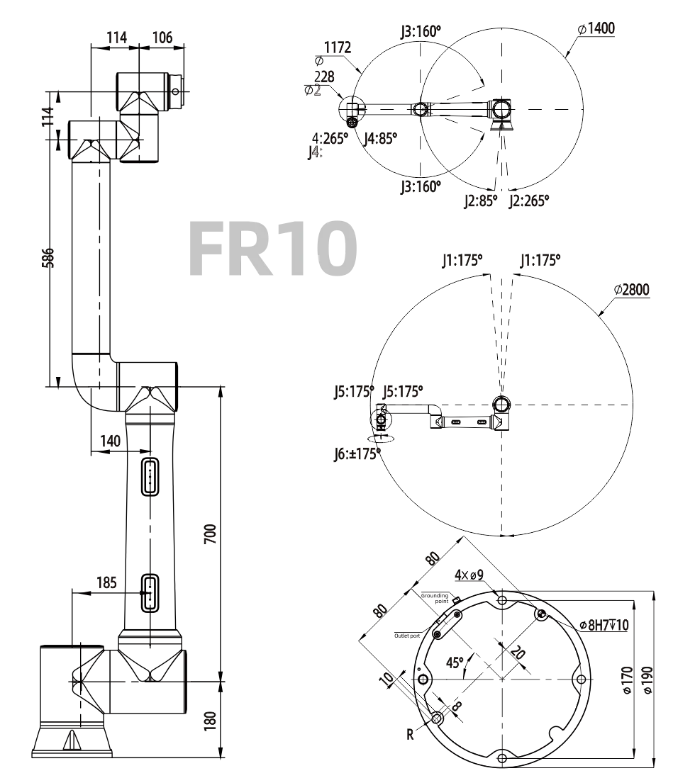 Technical drawing of the FAIRINO FR10 with its working range