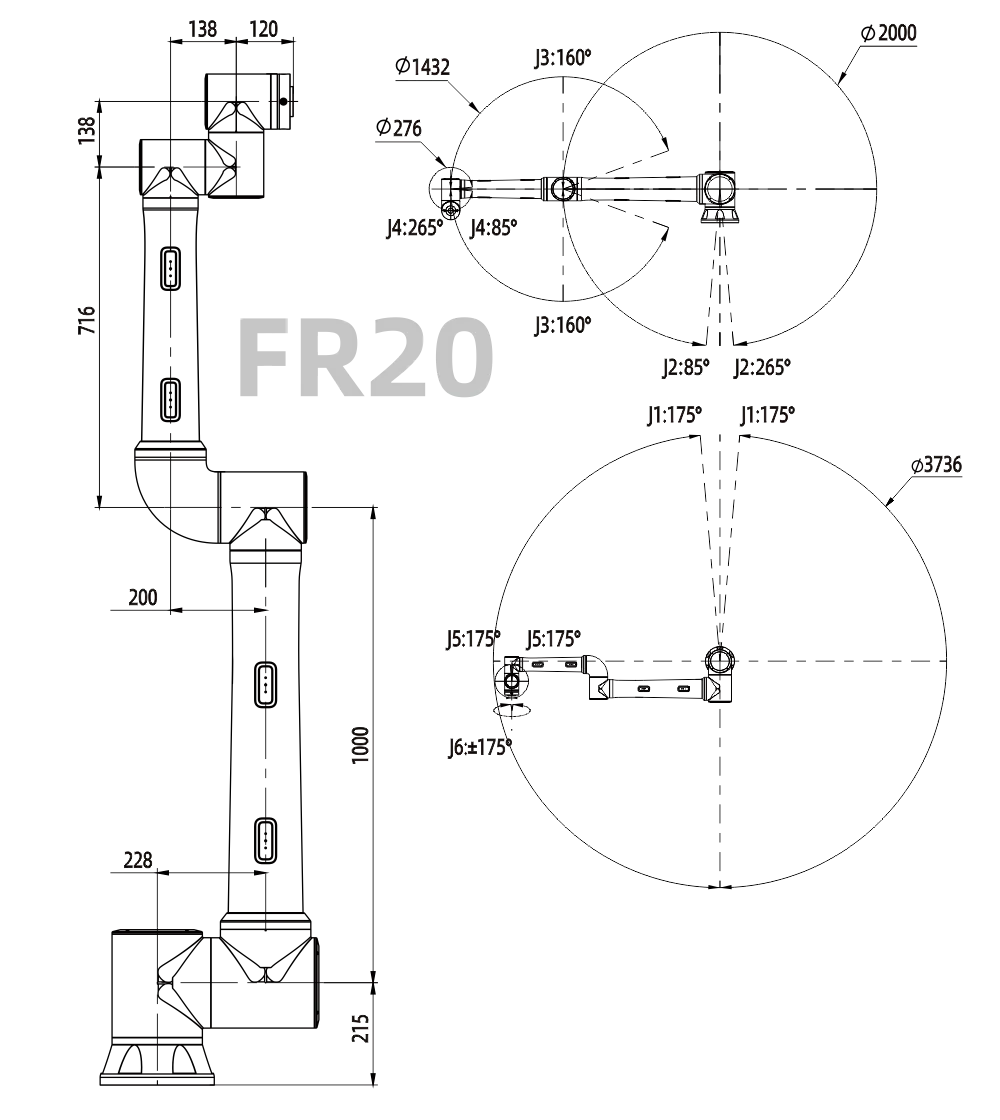 Technical drawing of the FAIRINO FR20 with its working range