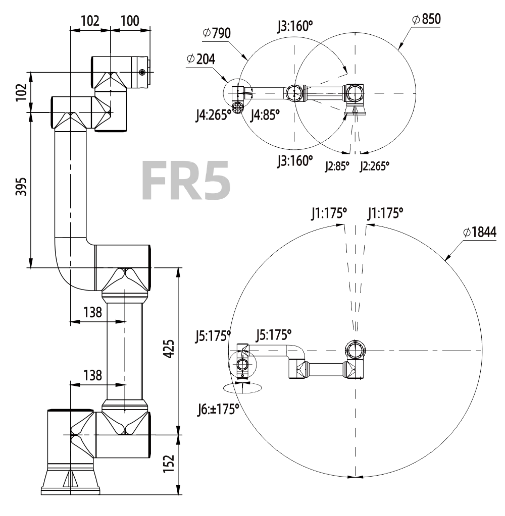 Technical drawing of the FAIRINO FR5 with its working range