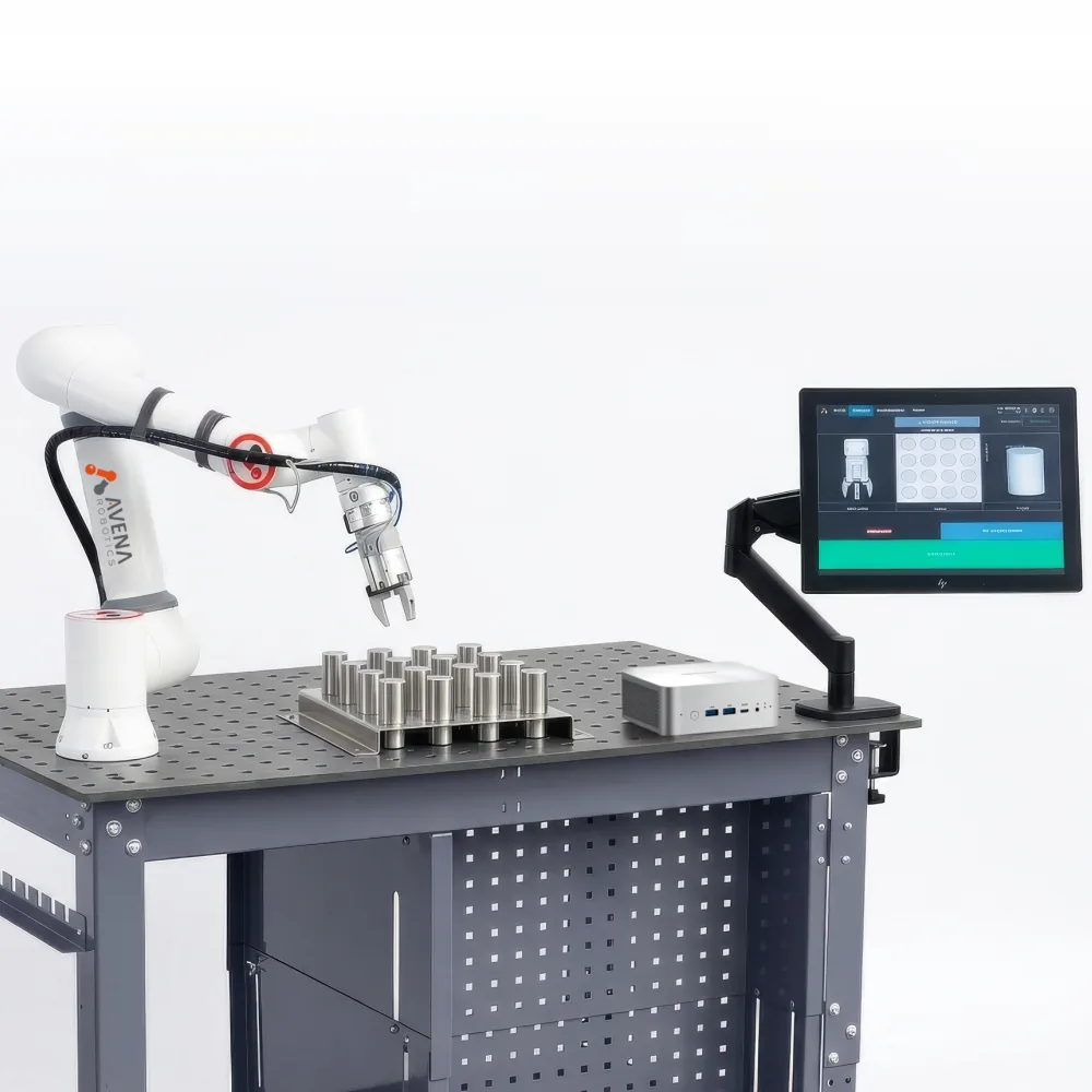 CNC machine tending cell with a FAIRINO FR5 cobot, gripper and touchscreen